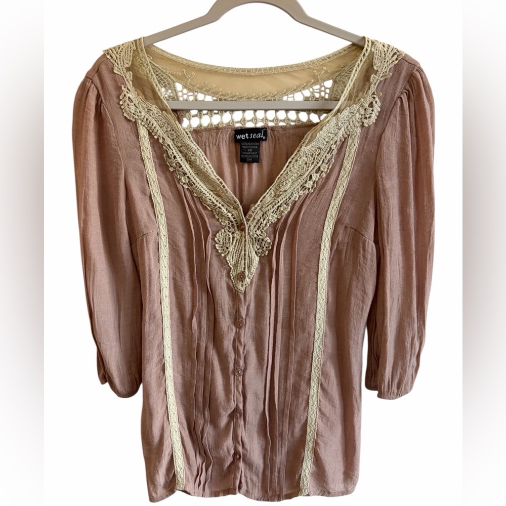 Wet Seal Romantic Boho Castlecore Brown/Tan Cream Lace Button-Front Blouse (XS)